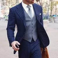 2022 Costume Homme Blue Stripe 3 Piece Slim Fit Men Suit Light Grey Waistcoat Custom Groom Wedding Tuxedo Prom Wedding Men Suit