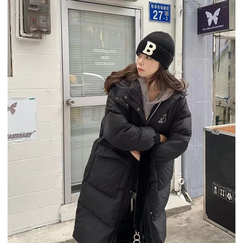 Black Thick Loose Parkas Women Fashion Solid Covered Button Coats Women Elegant Tie Belt Long Cotton Jackets Female Ladies