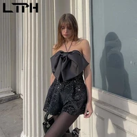 ltph jumpsuit women elegance sexy black sleeveless halter top high waist bow design streetwear rompers vintage 2022 spring new