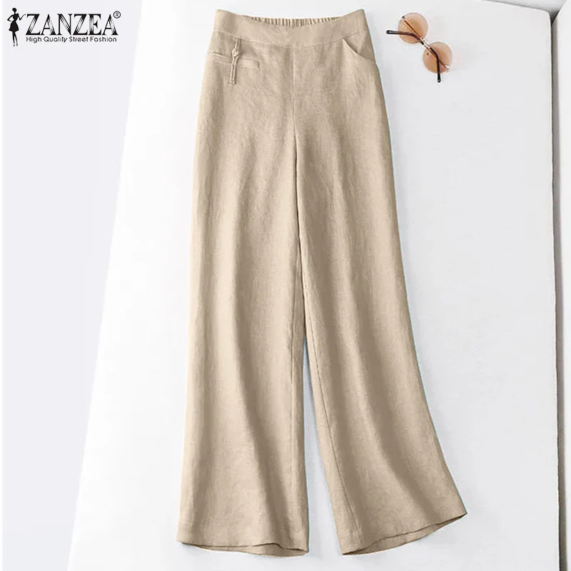 

Casual Oversized Cotton Long Pants Solid Color Side Pockets Loose Elegant Holiday Wide Leg Retro Trousers ZANZEA Spring Women