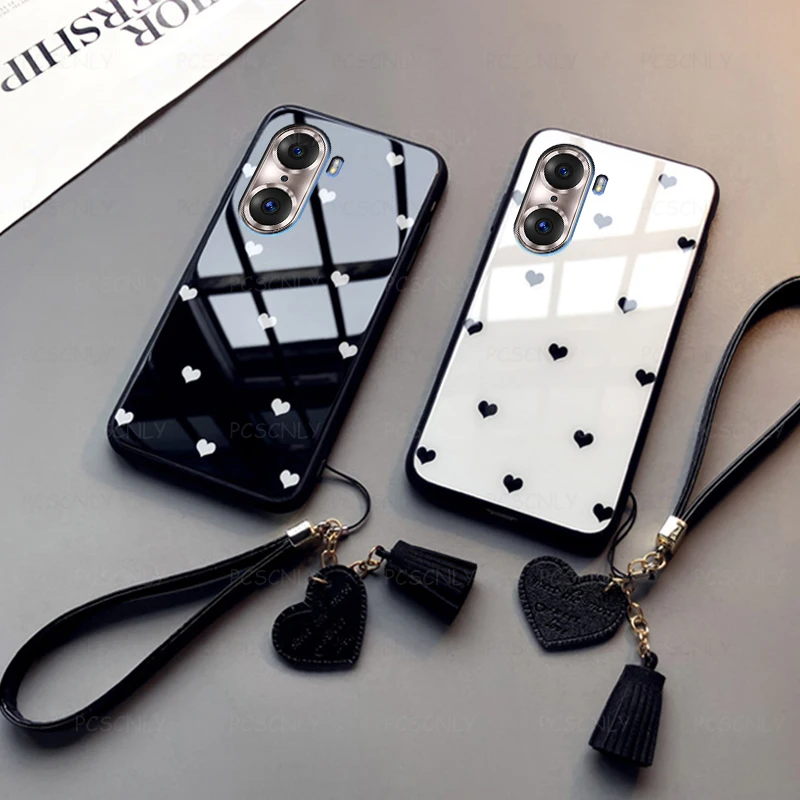 

Glass Case For Honor 50 60 Pro 50SE Fashion Love Heart Phone Hard Cover with Lanyard