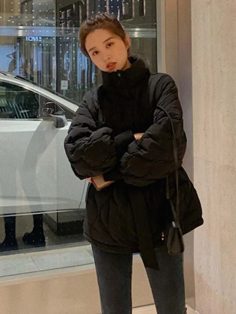 Autumn Winter Thick Padded Coats Women Lace Up Bread jacket Ladies Stand-up Collar Parkas Female Warm Outwear