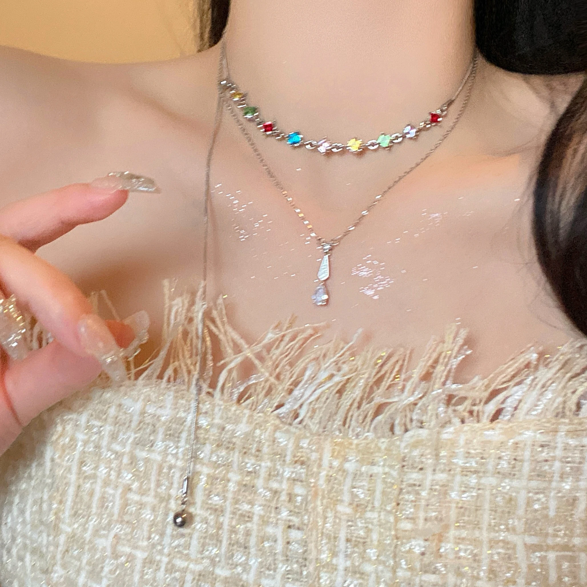 

Colorful Zircon Pullable Necklace Women's Trend 2023 New Style Gentle Temperament Niche Accessories Choker Necklace Jewelry