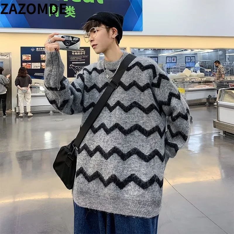

Винтажный вязаный свитер для мужчин, Повседневный хлопковый пуловер в стиле Харадзюку, свитер в Корейском стиле, топы в полоску, осень и зима 2023