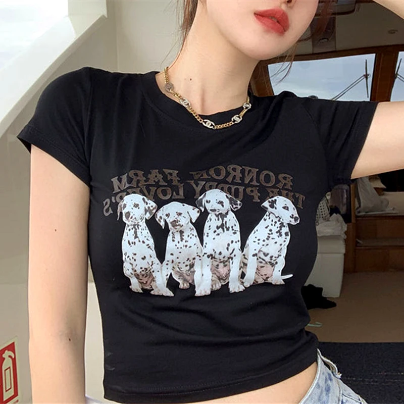Camisetas estampadas con letras Retro de perro Dálmata, Tops cortos negros, ropa de calle Sexy ajustada para mujer, moda coreana, informal de verano, 2022