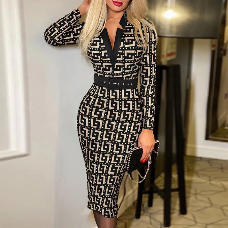 

Women's Long Sleeve Polka Dotted Bird Checker Pencil Dress Fashion Belt Evening Party Sexy V-Neck Printed Waist Dresses