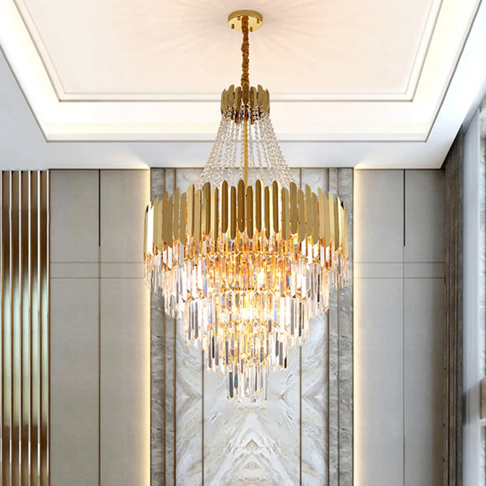 

LED Gold SIlver Dimmalbe Crystal Hanging Lamps Lustre Chandelier Lighting Suspension Luminaire Lampen For Stair Case Foyer