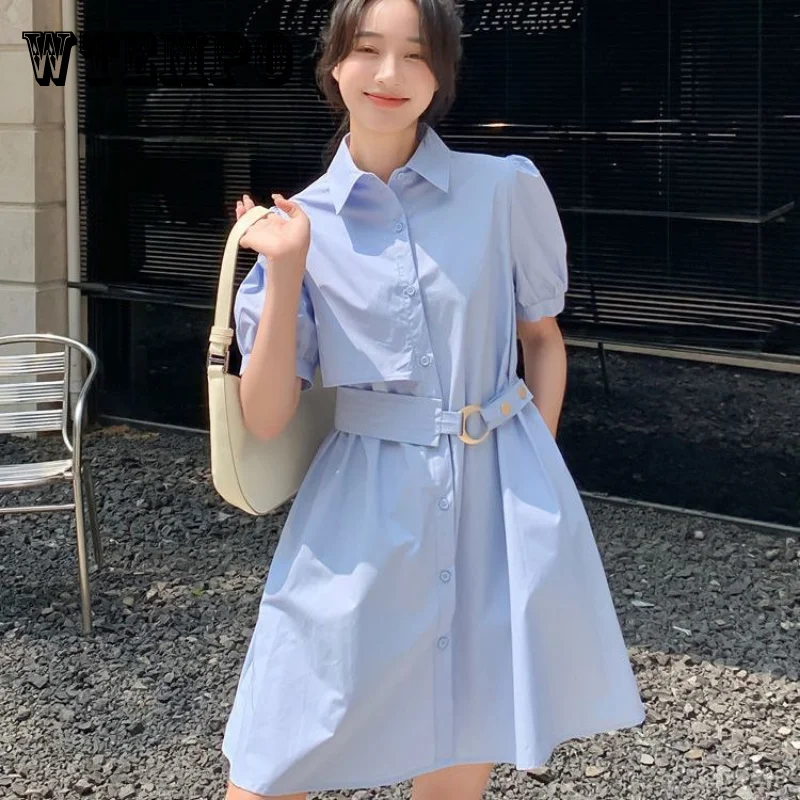 

WTEMPO Summer Short Bubble Sleeved Shirt Dress Waistband 2023 Fashionable New French Style Solid Color Versatile A-LINE Dresses