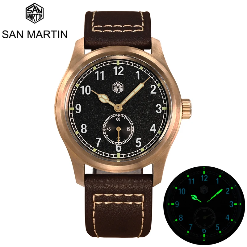 

San Martin 37mm Bronze Pilot RONDA 6004 Men Watch Vintage Military Simple Fashion Style Quartz Clock Leather 10 Bar Relojes