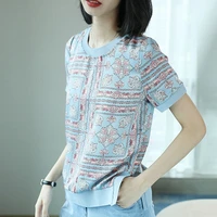 short sleeved t shirt 2021 new spring and summer loose retro trendy twill print silk top women vintage casual chiffon