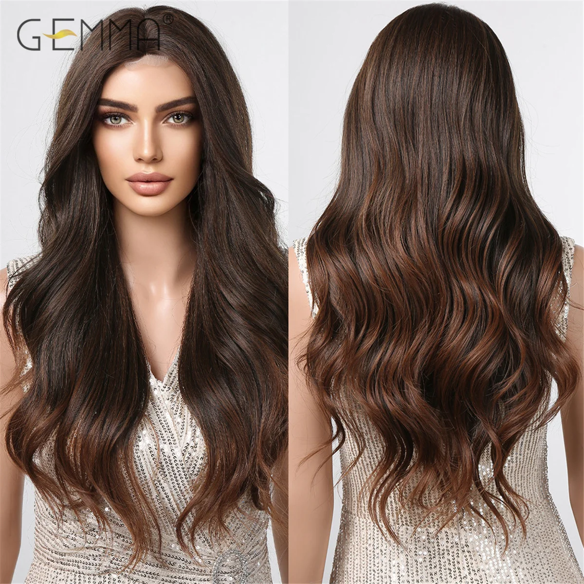 

Ombre Brown Long Wavy Wig Synthetic Brown Hairline Lace Wig for Women Middle Part Cosplay Daily Natural Hair Heat Resistant