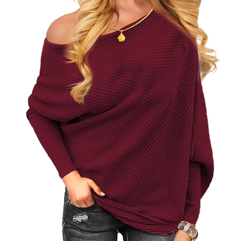 Women's One Shoulder Knit Jumper Long Sleeve Pullover Batwing Baggy Sweatshirts Sexy Off Shoulder Pullovers Solid Color Tops