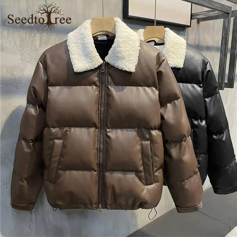 

Winter Casual Men's Parkas Solid Color Turndown Collar Long Sleeve Zippers PU Leather Thick Coat