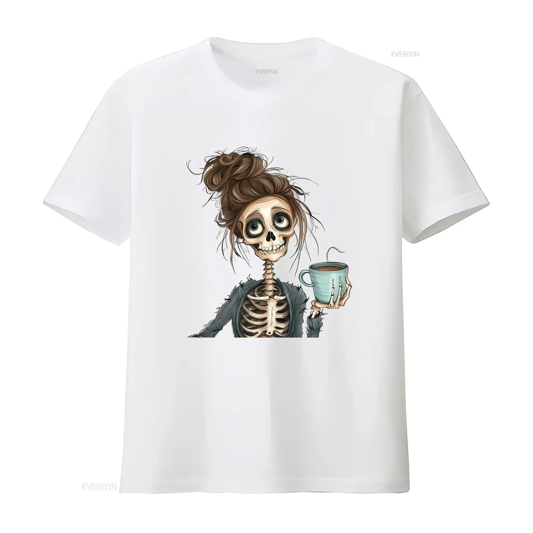 Фото Футболка Skeleton Coffee T Shirt SweaT Fall Halloween Lover в винтажном стиле с эффектом потертости, модная, с графическим принтом, уличная одежда, универсальная, слегка мягкая №4