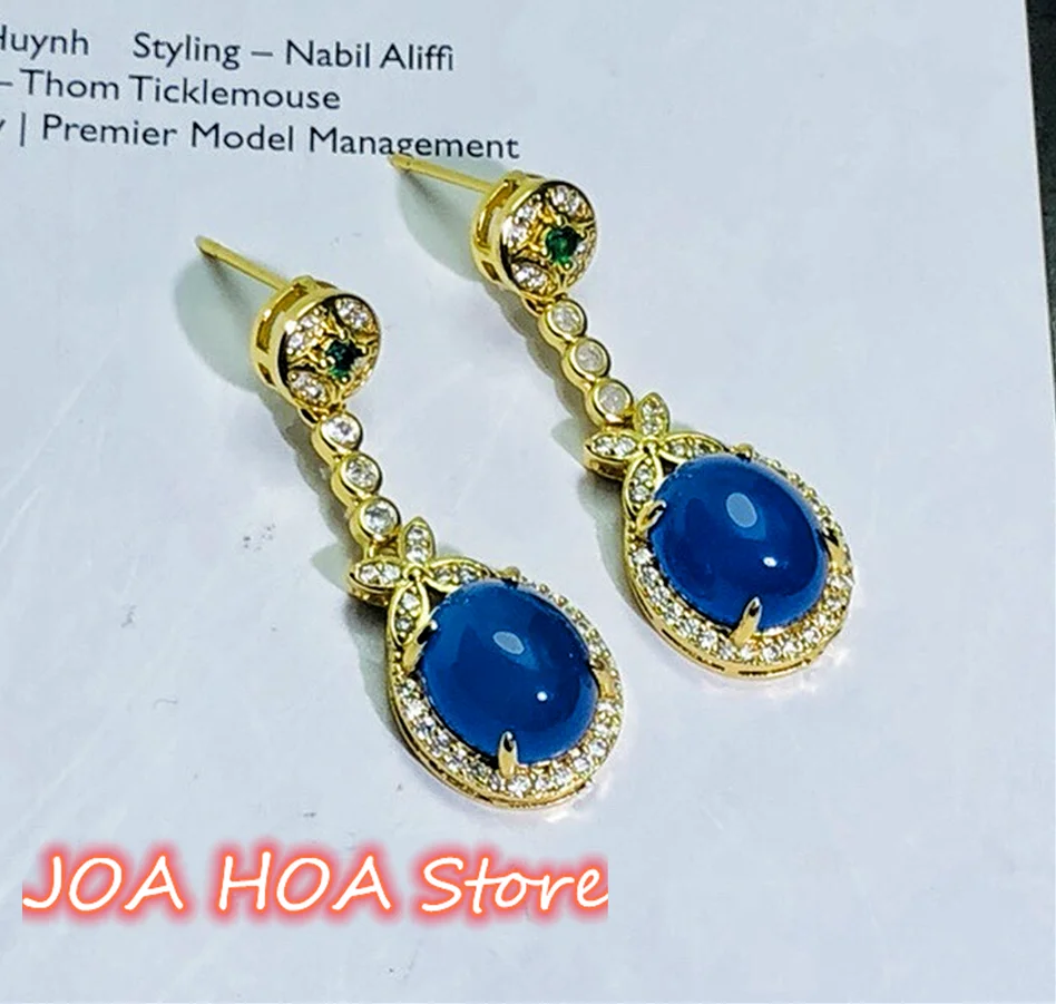 925 Silver Gold-plated Inlaid Genuine Blue Chalcedony Agate Jade Earrings  Perfect Jewelry Accessories Fine Eardrop