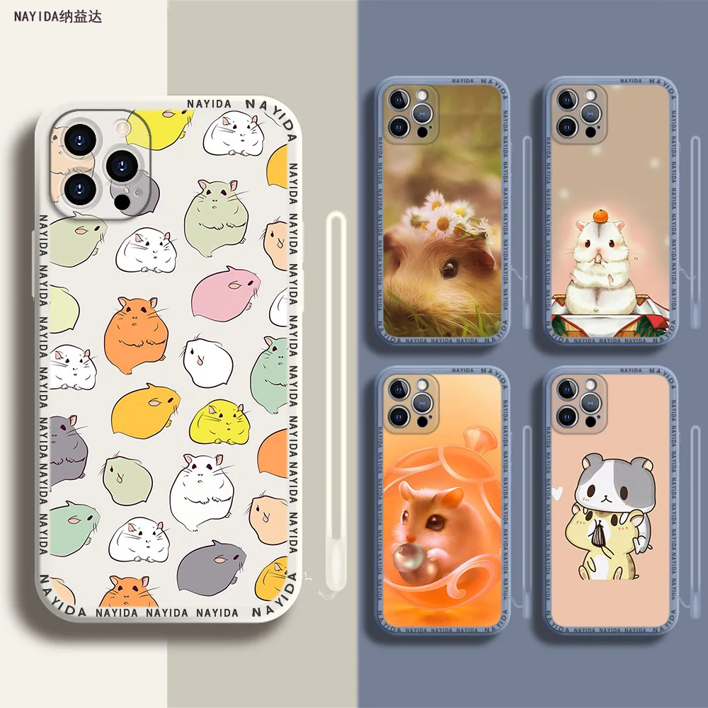 

Soft Silicone Phone Case For iPhone 14 13 11 12 Mini Pro Max XS XR X Blue Lanyard Cover A hamster