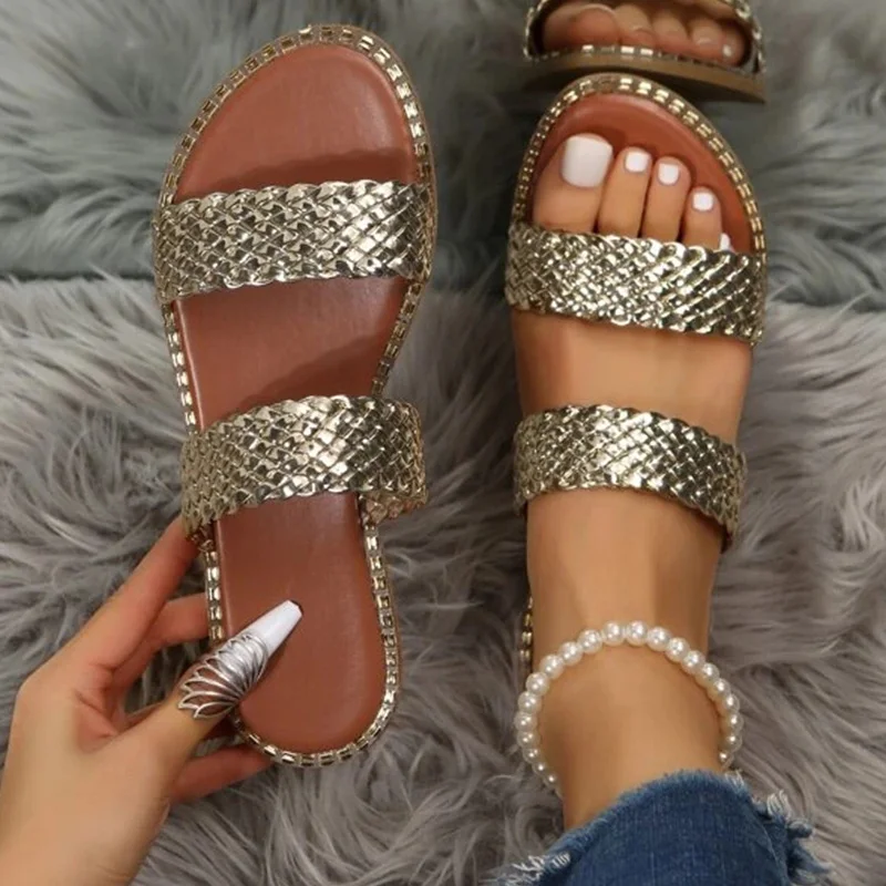 

Women Metallic Weave Detail Design Slides Flat Sandals Personality Slippers 2023 Outdoor Summer Sexy Slides Ladies Shoes