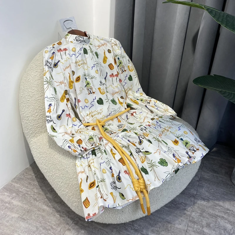 

2022 New Spring Prairie Chic Cotton Lantern Sleeve Half High Collar Sweet Fruit Tree Music Rhythm Cartoon Print Mini Dress