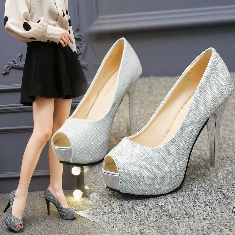 

Summer Pumps Women Shoes Platform PU Leather Shallow 14cm Thin High Heels Non-slip Slip-On Peep Toe Lady Sexy Party Female Shoes