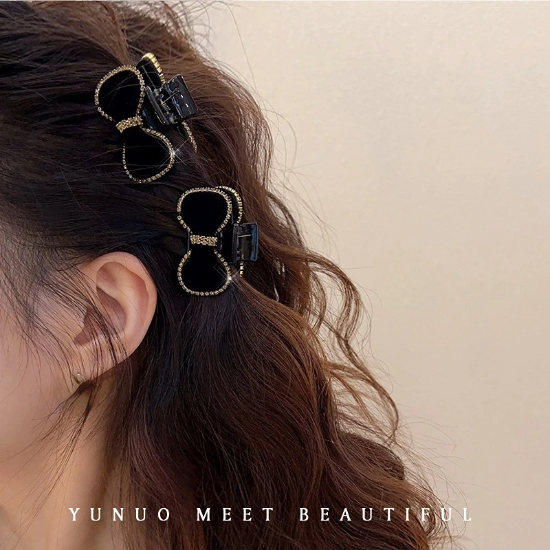 

New Black Velvet Bowknot Hairpin Headdress with Bangs On the side Clip Princess Head Small Clip Hairpin