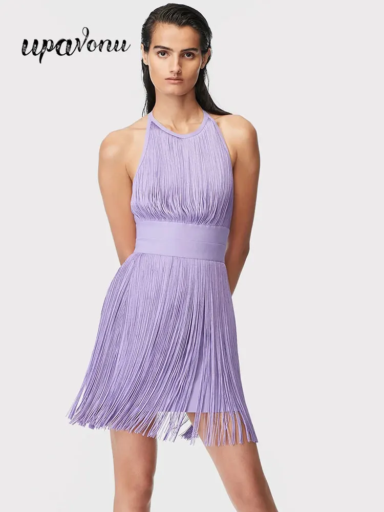 

Free Shipping Sexy Purple Fringe Dress Women 2022 Summer Fashion Spaghetti Strap Sleeveless Backless Bodycon Evening Party Dress
