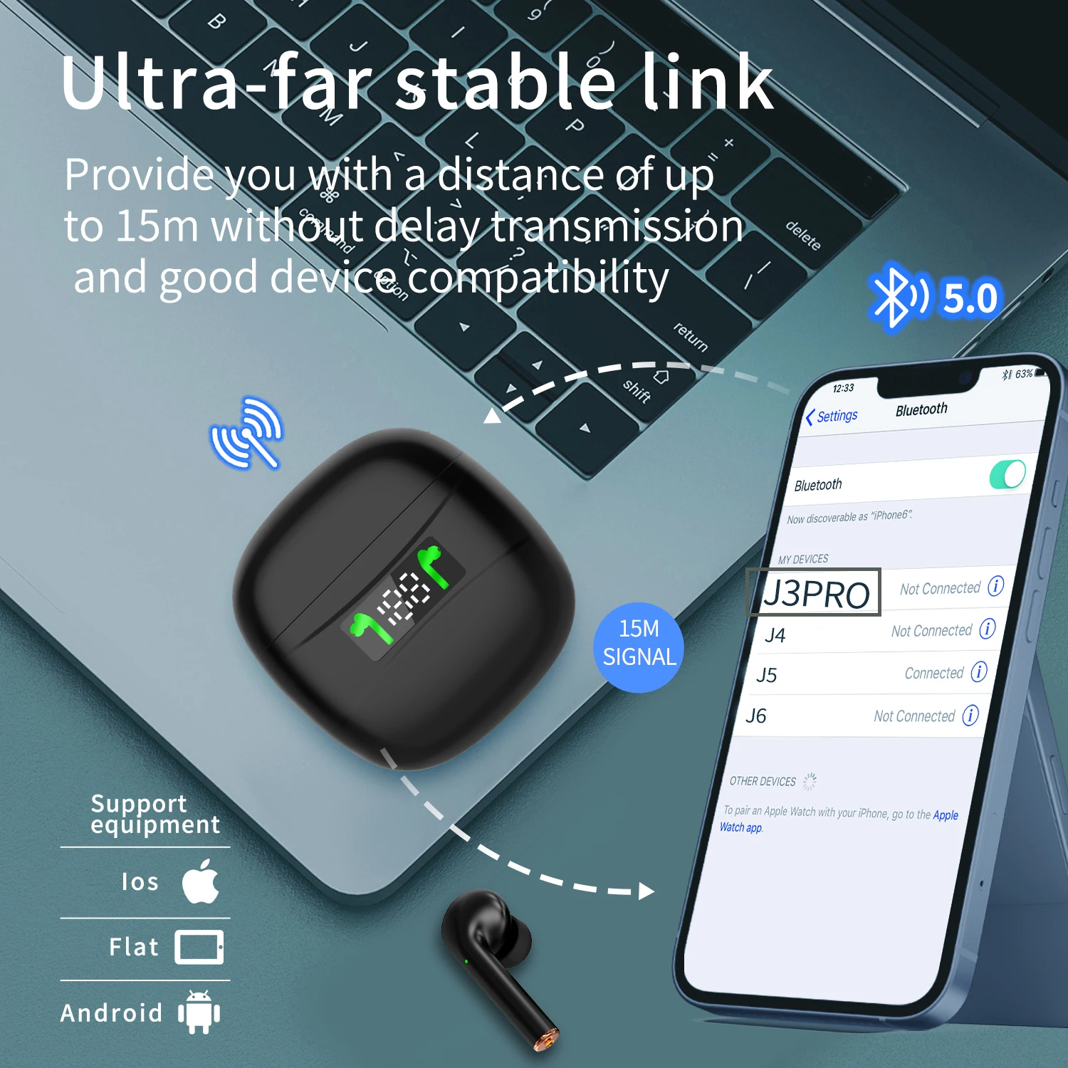 Беспроводные наушники J3 Pro IPX7 Sport Waterproof Earpbones с сенсорным управлением, Bluetooth 5.2 гарнитура с микрофоном Fone on.