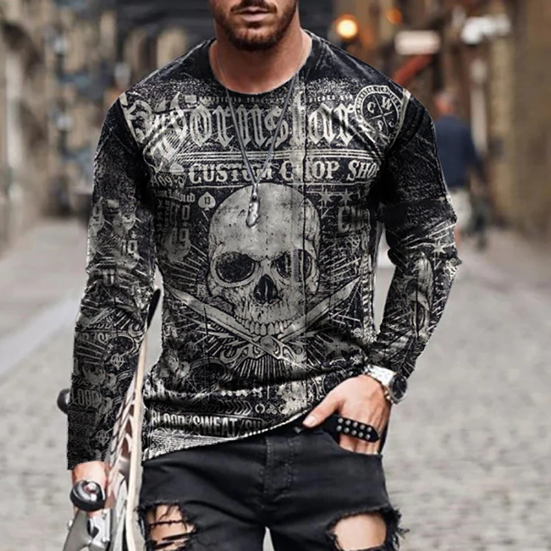 

2022 New Good Quality Men's Sports T-Shirt 3D Digital Printing TEE Male Street Trend Dark Death Skull Long sleeve Tops