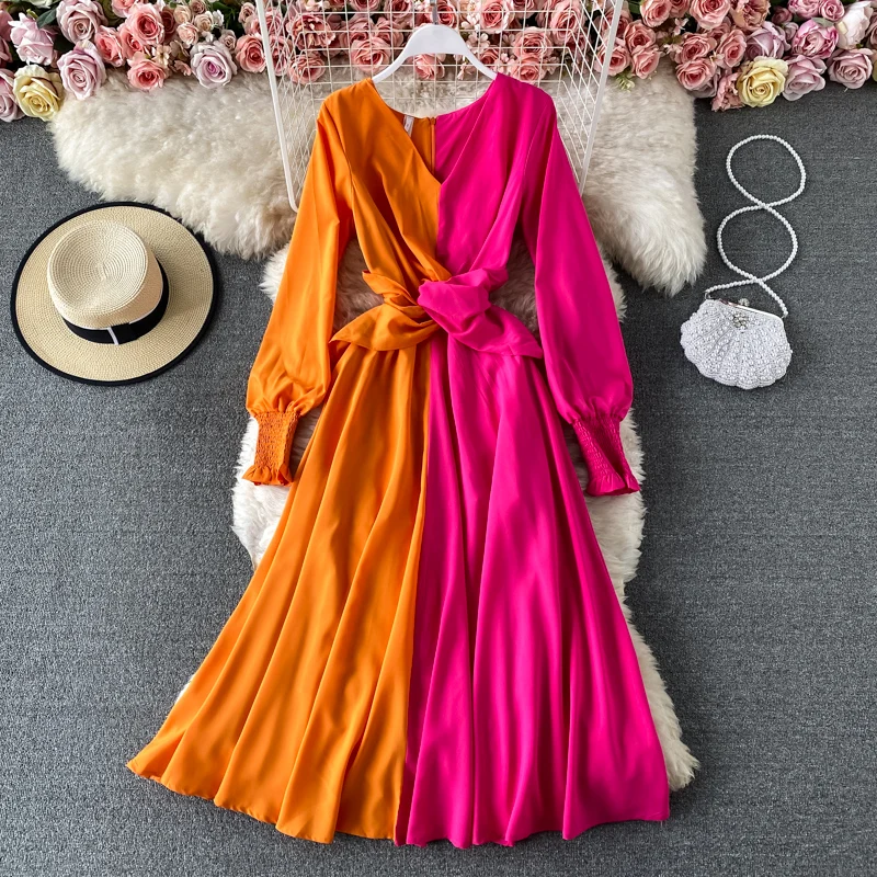 

Женское винтажное платье в стиле пэчворк, длинное платье контрастных цветов с V-образным вырезом, элегантное пляжное платье с рукавами-фонариками для отдыха