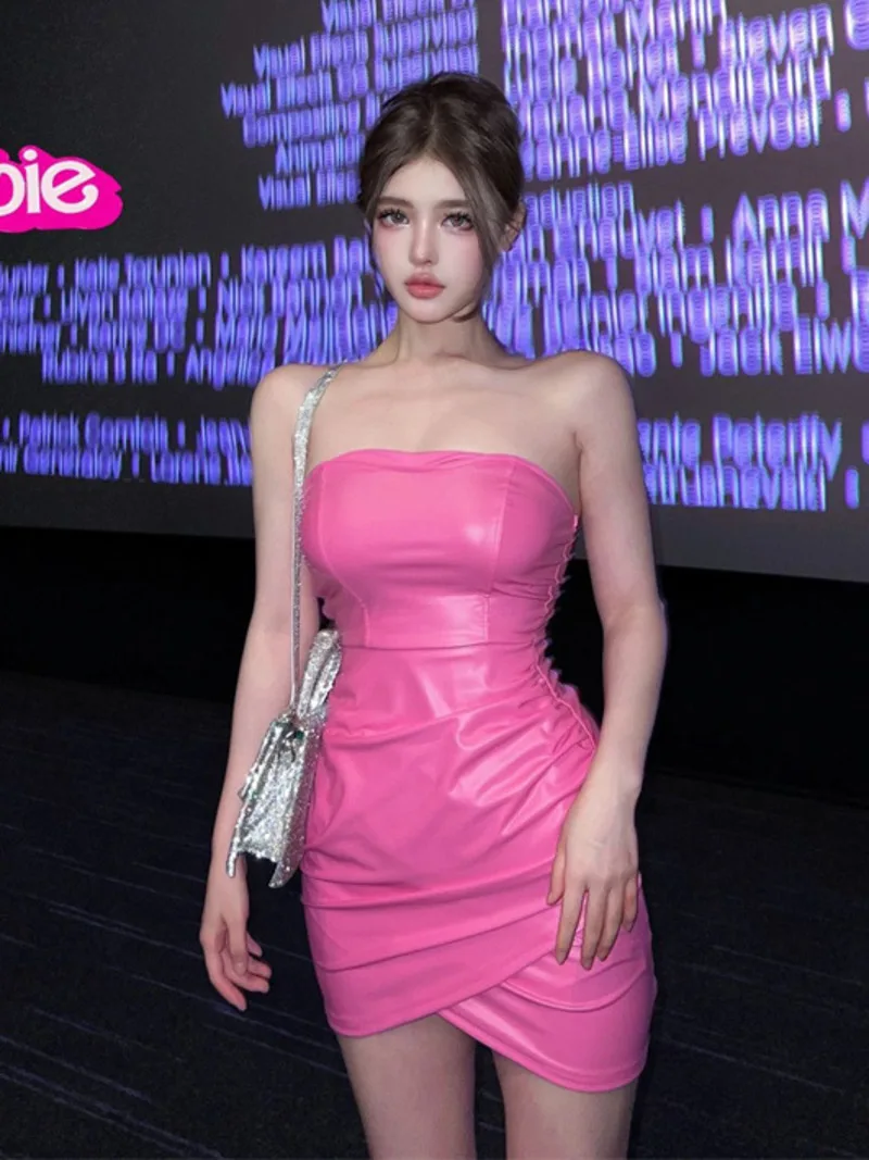 

WOMENGAGA Sexy Spicy Girl Korean Style Top High Waist Backless Rose Red Slash Neck Sleeveless Tank Top Tight Dress Elegant 657I