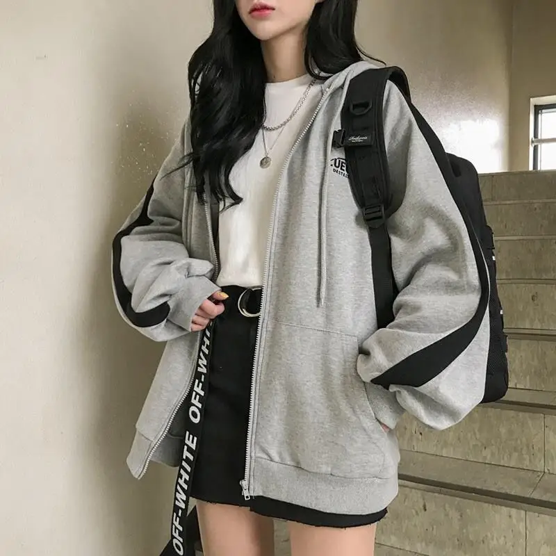 New Korean Version Hoodies Autumn Solid Color Zip Up Oversized Sweatshirts Fashion Long Sleeve Pocket Hooded Coats Jacket