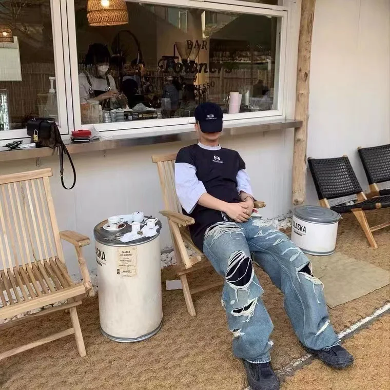 New Pants for Men High Street Knife Cut Damaged Trendy Brand Washed Old Trendy Brand VIBE Straight Leg Wide Leg Mens Jeans