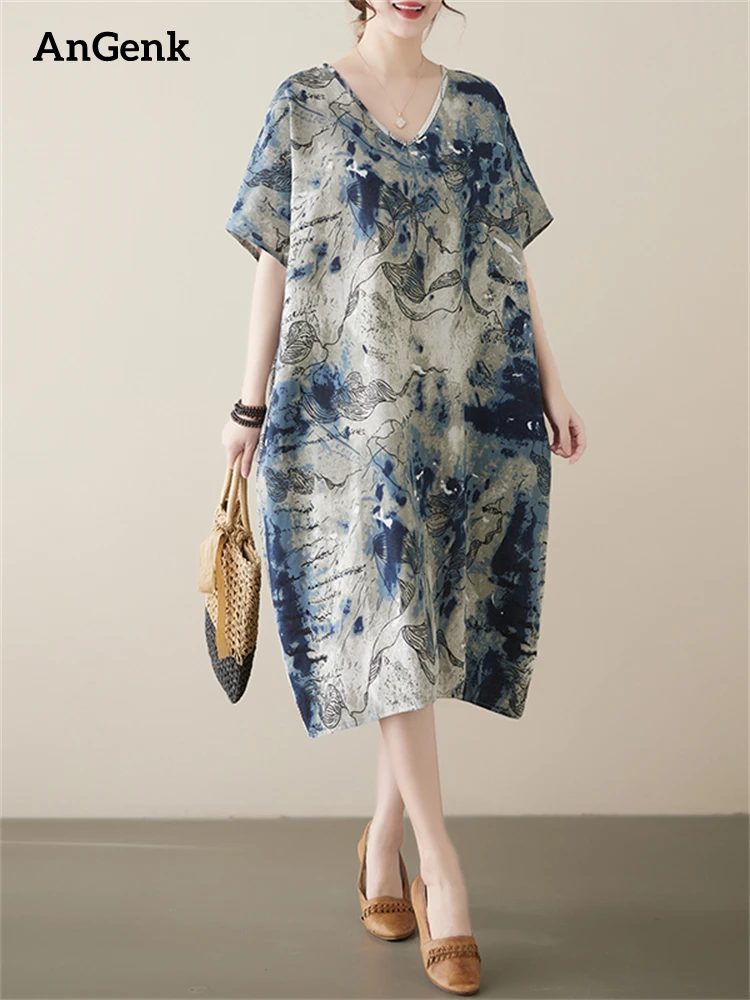 Женское Хлопковое платье с коротким рукавом повседневное свободное миди