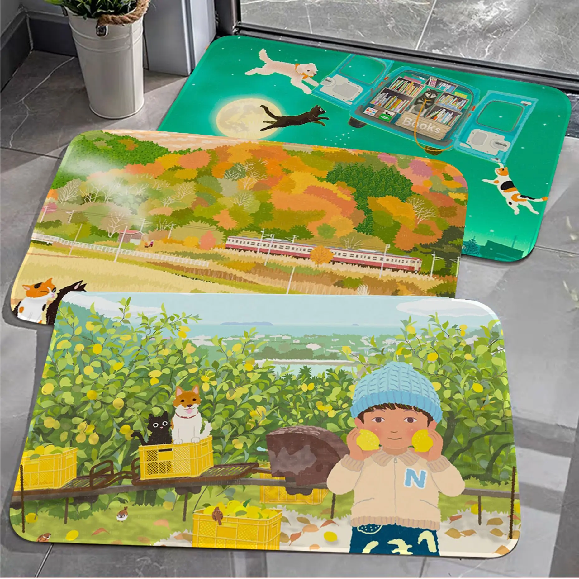 

Cartoon Cat and Dog Printed Flannel Floor Mat Bathroom Decor Carpet Non-Slip For Living Room Kitchen Bath Mats Doormat