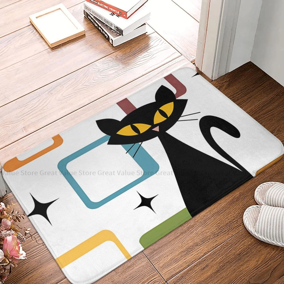 

Mid Century Meow Black Cat Animal Kitchen Non-Slip Carpet Retro Bedroom Mat Welcome Doormat Home Decoration Rug