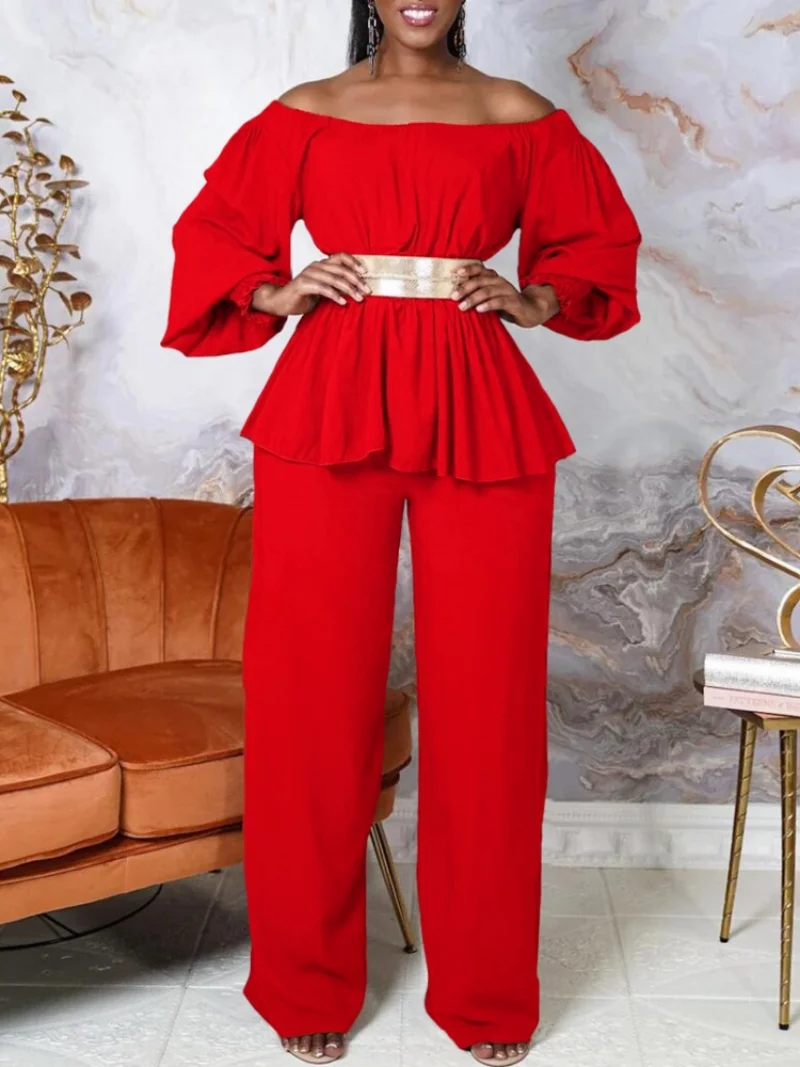 2 Piece Women Set 2023 New Arrival Summer Matching Sets Pleated Off The Shoulder Top And Pants Suits Outfits Clothing And Belt