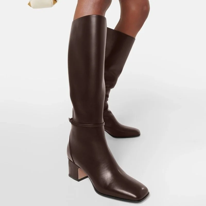 

soft leather riding knee high boots women causal buckle brown\black square toe knight boots luxury designer shoes big size boots