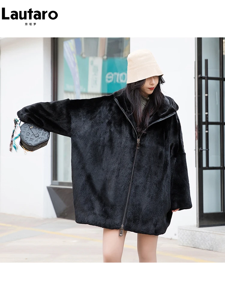 

Lautaro Autumn Winter Oversized Black Thick Warm Soft Faux Mink Fur Coat Women with Hood Zipper Bat Sleeved Fluffy Jacket 2023