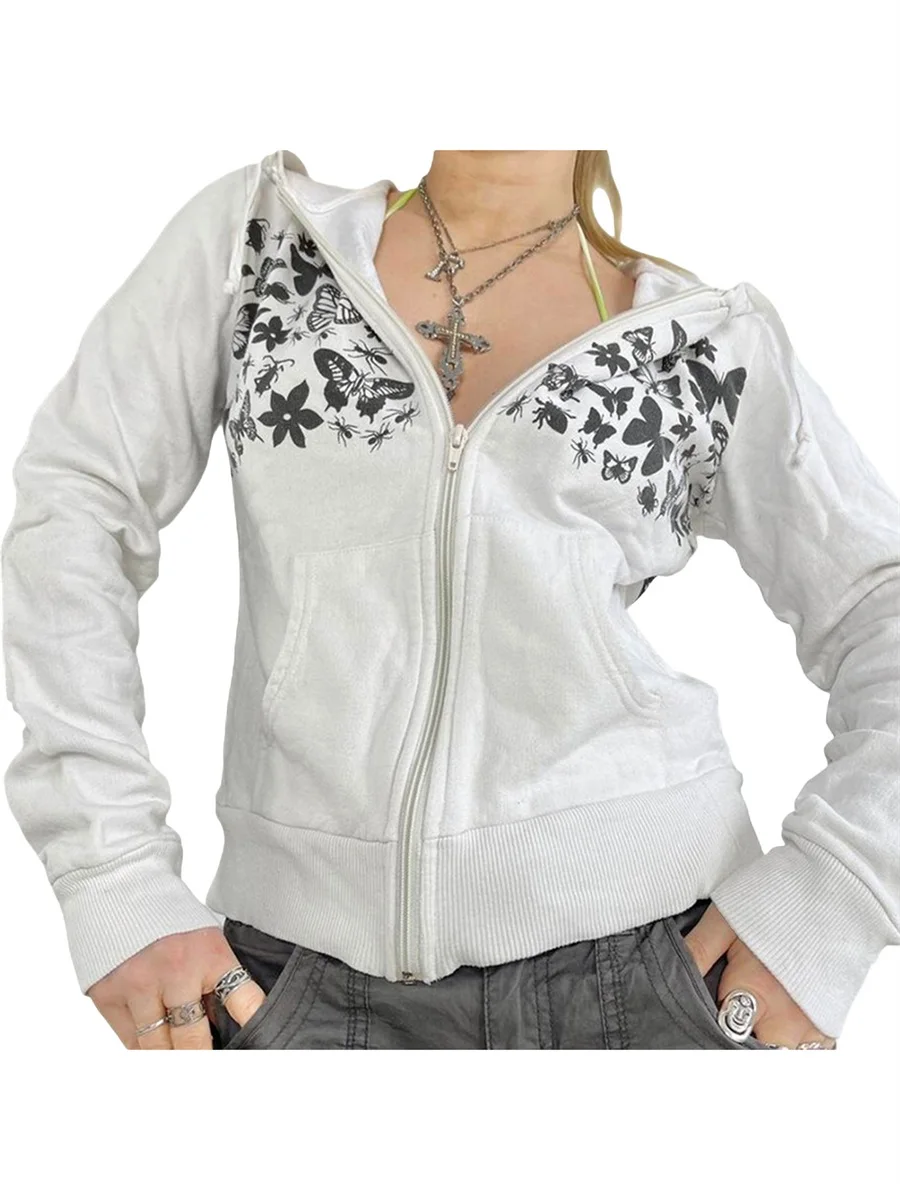 

Женские укороченные толстовки на молнии Y2K, Осенний свитшот с длинным рукавом и принтом бабочки, уличная одежда