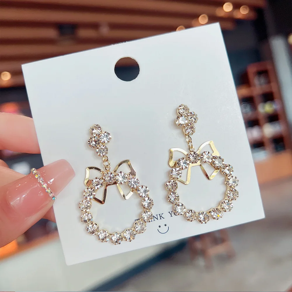 

S925 silver needle full diamond bow delicate women's Earrings advanced sense sweet fashion versatile temperament Pendant Jewelry