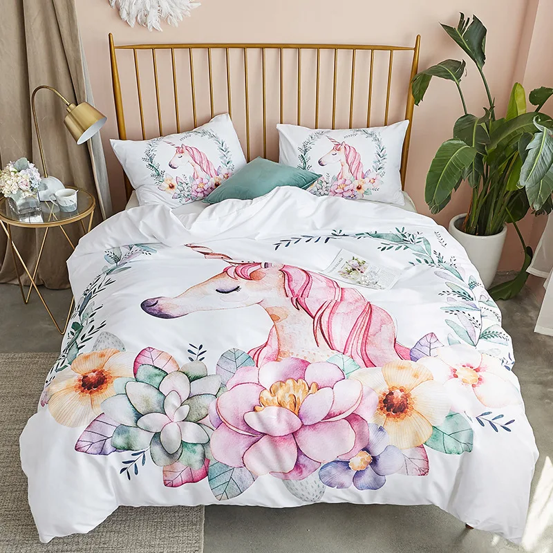 Euro 3D Unicorn Bedding Set Kids Adults Duvet Cover Rainbow Printed Bed Clothes Single Double Queen Size Bedroom Comforter Sets