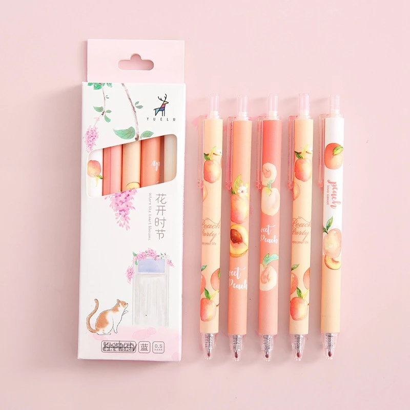 5Pcs/Set Cute Peach Macaroon Color Retractable Gel Pen Black Ink Signature Writing for Kids School Office Kawaii Stationery |