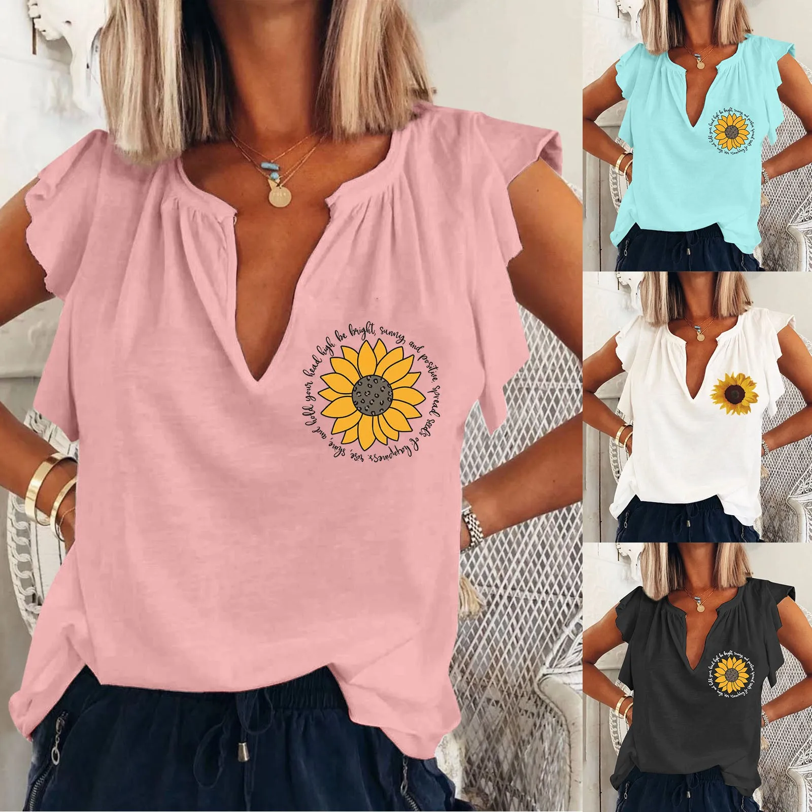 

Sweet Women Summer Solid Color T-shirts Patchwork Design Ruffles Decor V-neck Butterfly Sleeve Casual Loose Pullovers Top
