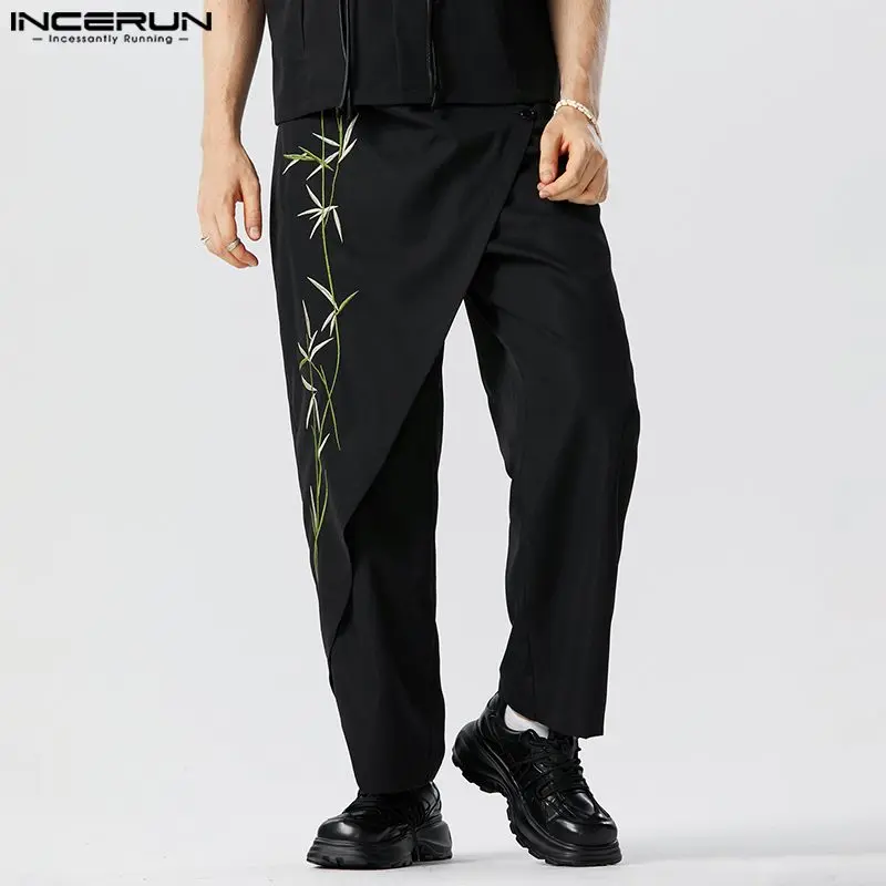 

Chinoiserie Mens Trousers INCERUN Green Bamboo Pattern Print Pants Stylish Male Splicing High Waist Straight Leg Pantalons S-5XL