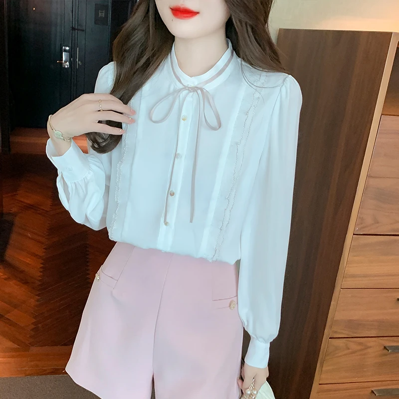 

Модная шифоновая блузка на шнуровке, элегантная Офисная Женская белая рубашка с длинным рукавом, корейские топы, Весенняя женская одежда на пуговицах с бантом, 24690