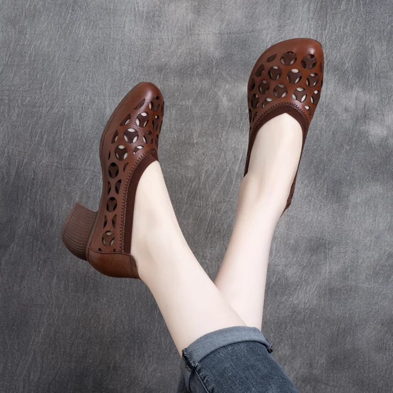 

Loafers Women Leather Emboridery High Heels Summer for Women Slip on Lazy Shoes Women Handmade Genuine Leather Women Pumps Brand