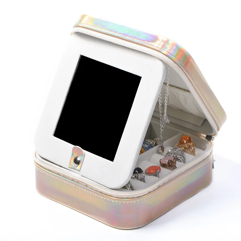 

European Portable Jewelry Storage Box Stud Earrings Box Ring Jewelry Box Zipper 12*12*5.5 Portable Makeup Mirror