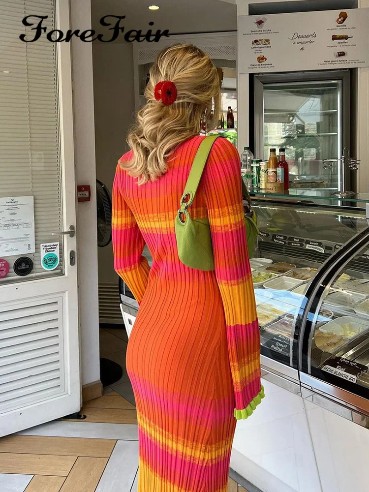 

Forefair Elegant Square Collar Contrasting Knitted Dress Women Flare Long Sleeve Bodycon Maxi Dresses Autumn Female Long Robe