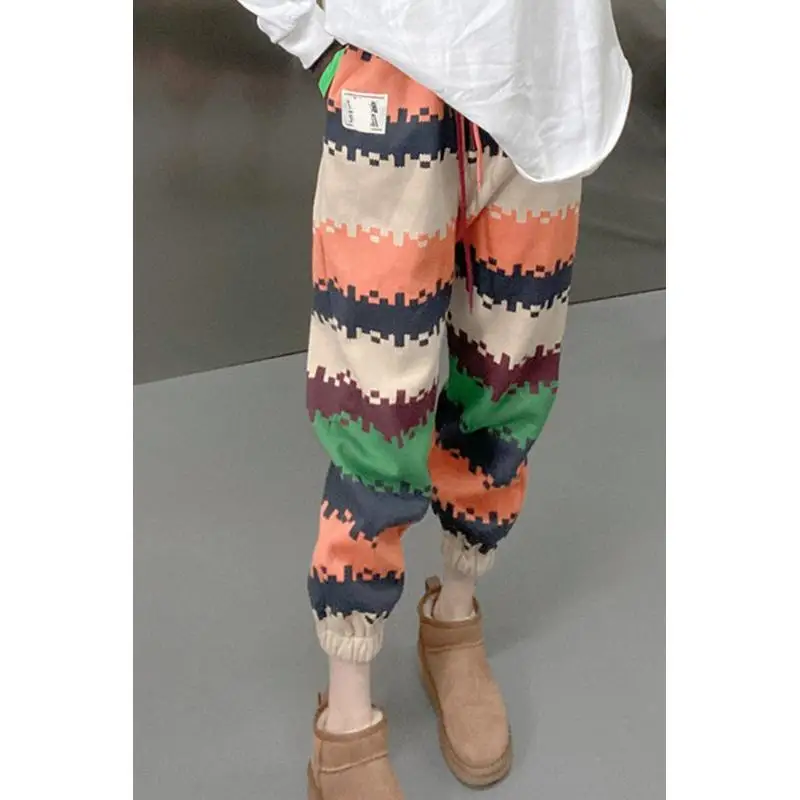 Pure Cotton Color Contrast Splicing High Elastic Waist Drawstring Women's Clothing Multicolored Color Streetwear Label Pants