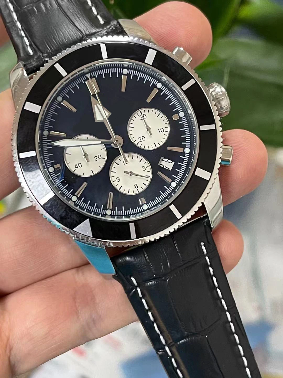 

mens Quartz Chronograph watch Ceramic Black Blue Leather