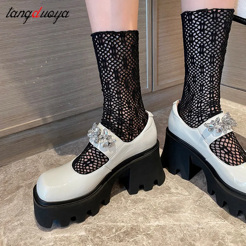 

Summer Mary Janes Women Shoes Platform High-heeled Women Pumps Square Toe Patent Leather Shoes Female High Heels Chunky Shoes